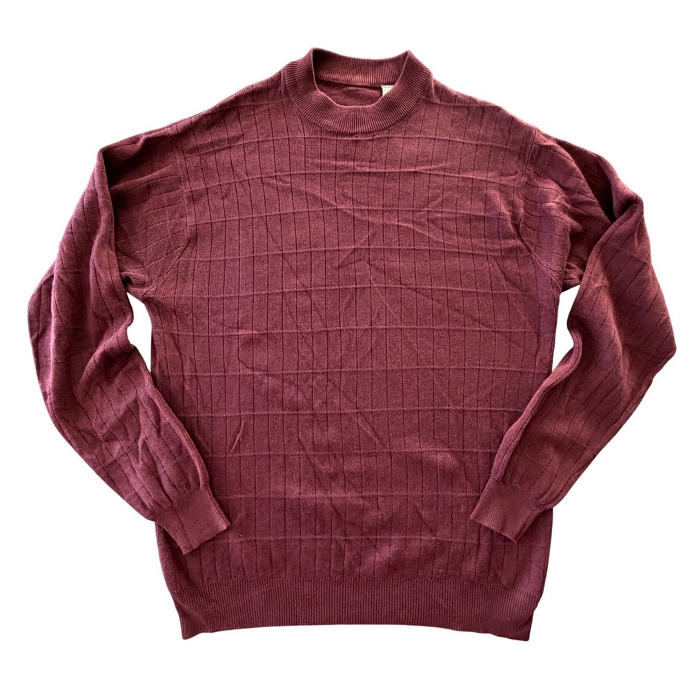 Silk Blend Grid Knit Mockneck Sweater Mens M Burgundy Minimalist Fall‎ Capsule